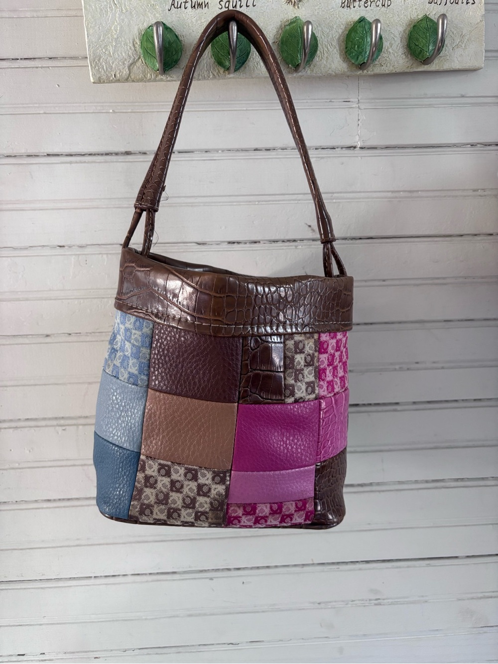 y2k Patchwork Leather Shoulder Bag in Brown & Pink